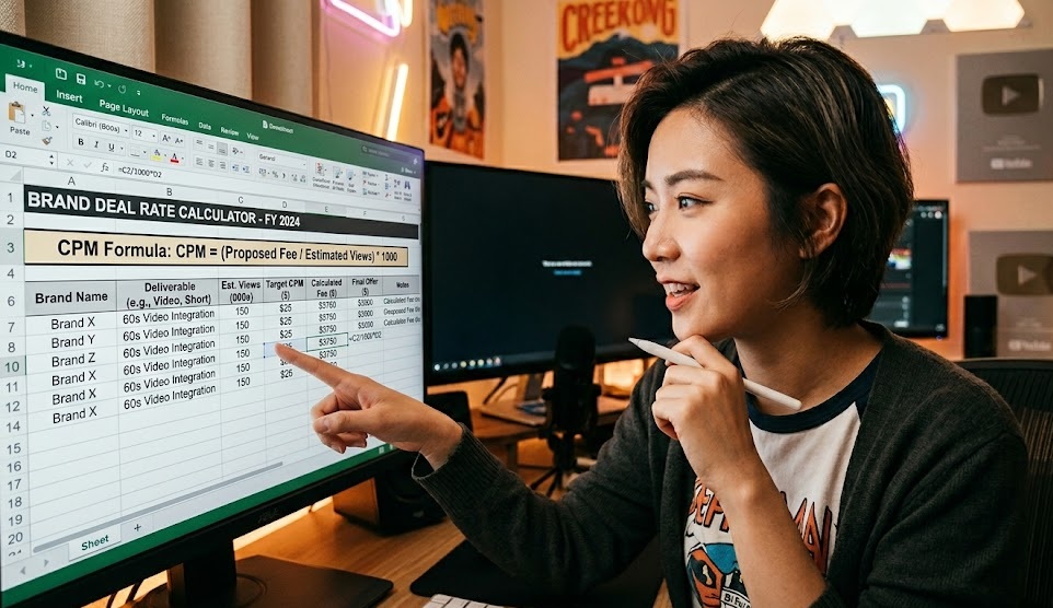 A creator looking at a spreadsheet calculating brand deal rates using a CPM formula.